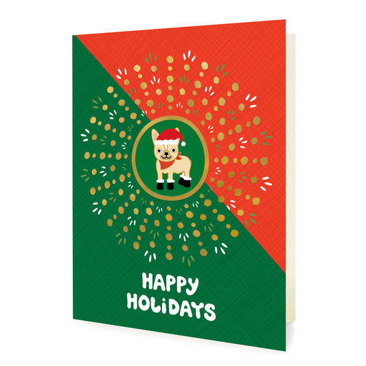 Festive Frenchie Gold Foil Holiday Card featuring a French bulldog in a Santa hat and red bandana in a green circle surrounded by a gold foil dot sunburst on a bold red and green diagonal background with a "Happy Holidays" greeting