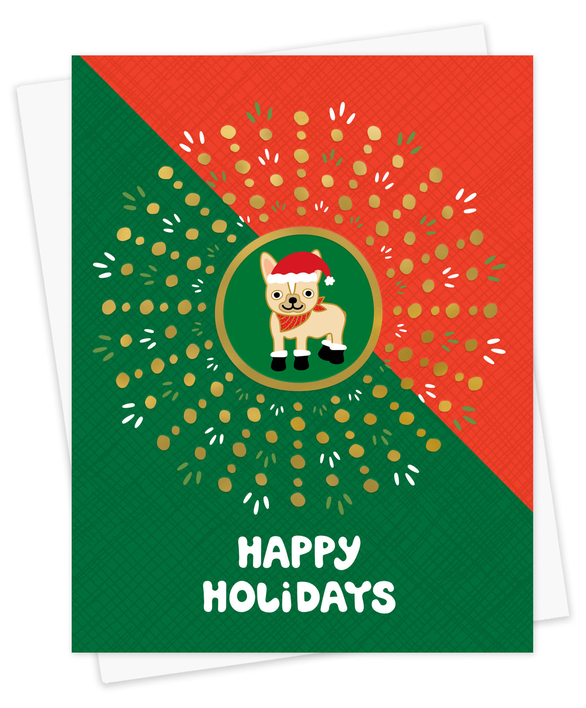 Festive Frenchie Gold Foil Holiday Card featuring a French bulldog in a Santa hat and red bandana in a green circle surrounded by a gold foil dot sunburst on a bold red and green diagonal background with a "Happy Holidays" greeting. Shown with a white envelope.