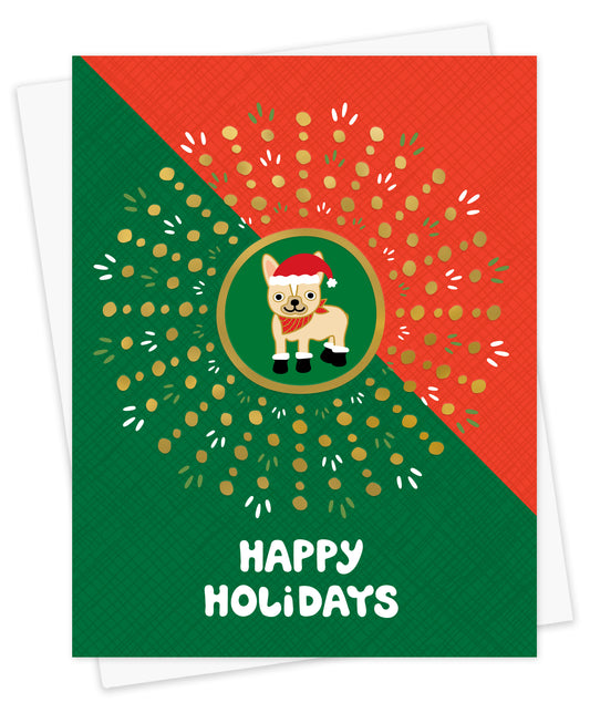 Festive Frenchie Gold Foil Holiday Card featuring a French bulldog in a Santa hat and red bandana in a green circle surrounded by a gold foil dot sunburst on a bold red and green diagonal background with a "Happy Holidays" greeting. Shown with a white envelope.