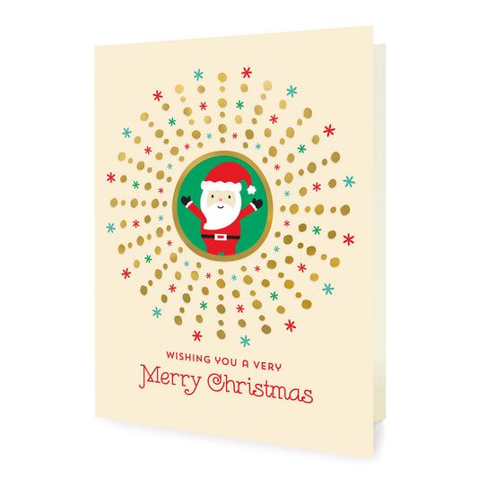 Santa Gold Foil Holiday Card featuring a cheerful Santa Claus in a green circle surrounded by a gold foil dot sunburst and red and green snowflakes on a cream background with the greeting "Wishing You a Very Merry Christmas"