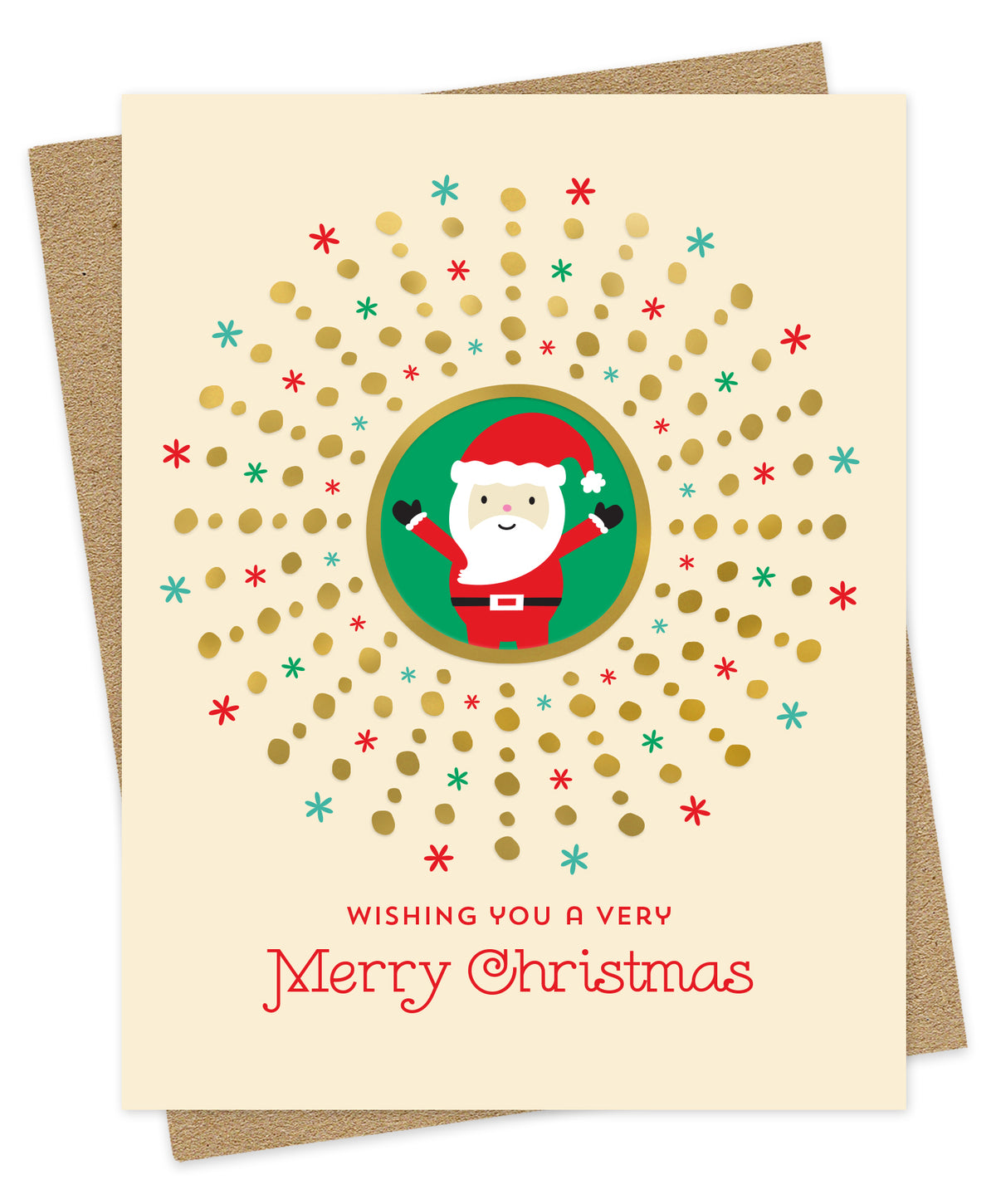 Santa Gold Foil Holiday Card featuring a cheerful Santa Claus in a green circle surrounded by a gold foil dot sunburst and red and green snowflakes on a cream background with the greeting "Wishing You a Very Merry Christmas." Shown with a kraft envelope.
