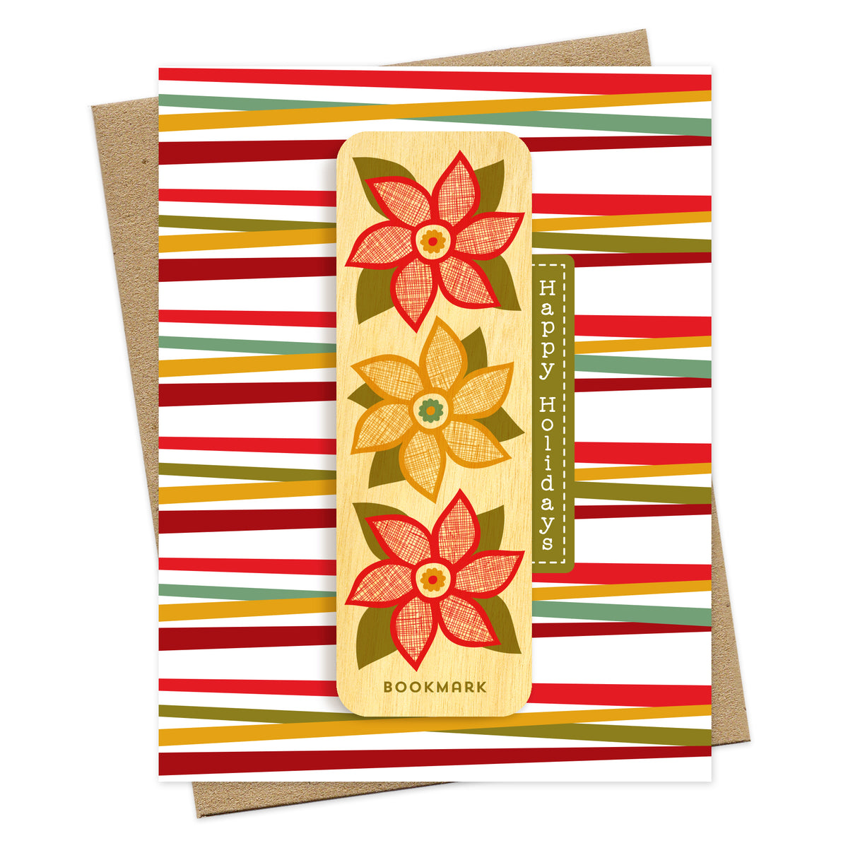 Folded holiday greeting card with colorful red, green and gold stripes, “Happy Holidays” text and a removable birch wood bookmark featuring three red and gold poinsettia flowers. Pictured with a kraft envelope.