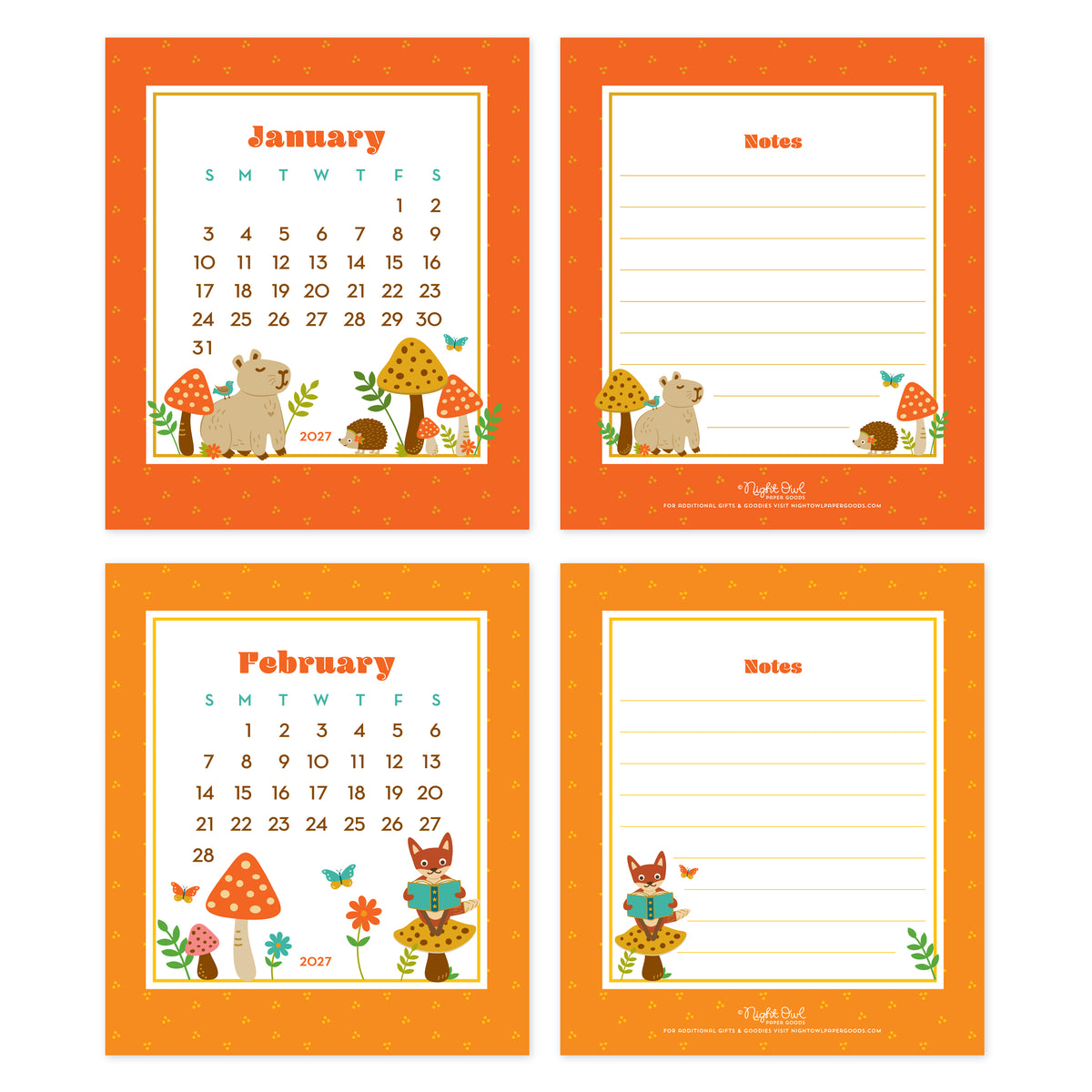 January and February 2027 Forest Friends Woodland Animals & Gnomes Desk Calendar pages. January features a capybara and hedgehog in a mushroom forest surrounded by a reddish-orange border. February features a reading fox, mushrooms, butterflies and colorful woodland illustrations, surrounded by an orange border. The back of each month features a corresponding illustration and lines for notes.
