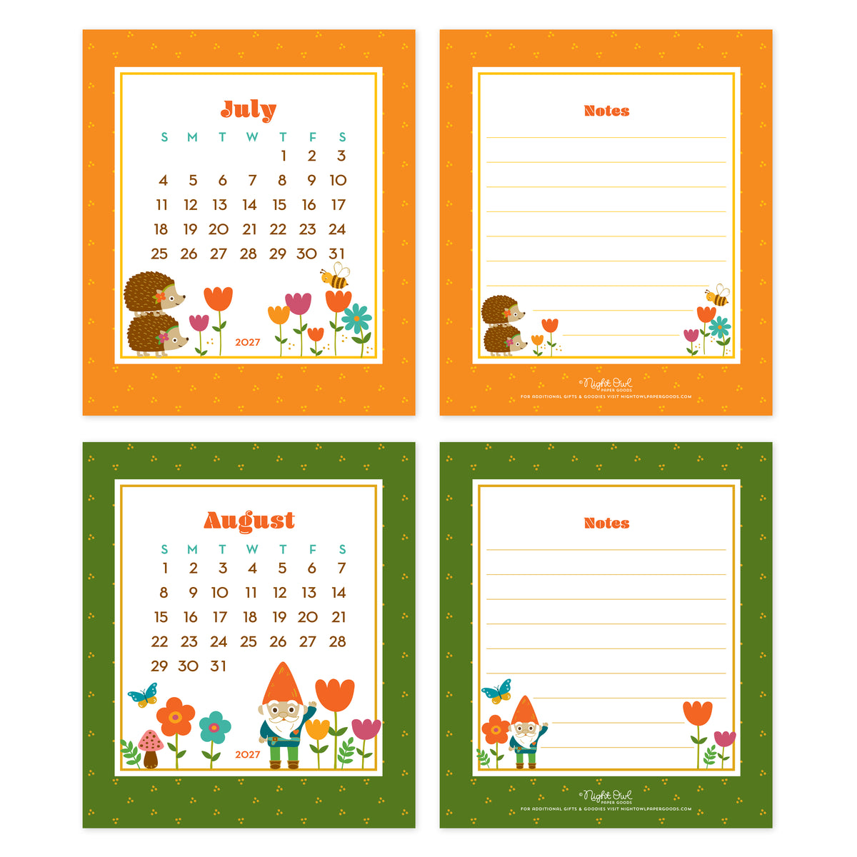 July and August 2027 Forest Friends Woodland Animals & Gnomes Desk Calendar pages. July features two hedgehogs surrounded by colorful flowers and a bee, with an orange border. August features a cheerful gnome standing among flowers, mushrooms and butterflies, surrounded by a green border. The back of each month features a corresponding illustration and lines for notes.