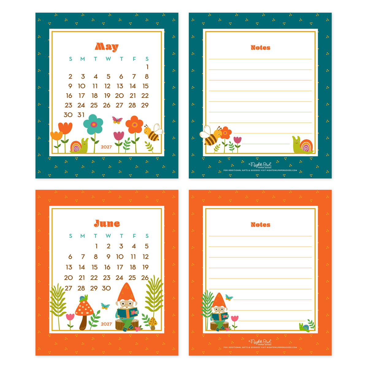 May and June 2027 Forest Friends Woodland Animals & Gnomes Desk Calendar pages. May features colorful flowers, a bee and a snail surrounded by a teal border. June features a cheerful gnome reading a book among mushrooms, plants and flowers, surrounded by an orange border. The back of each month features a corresponding illustration and lines for notes.