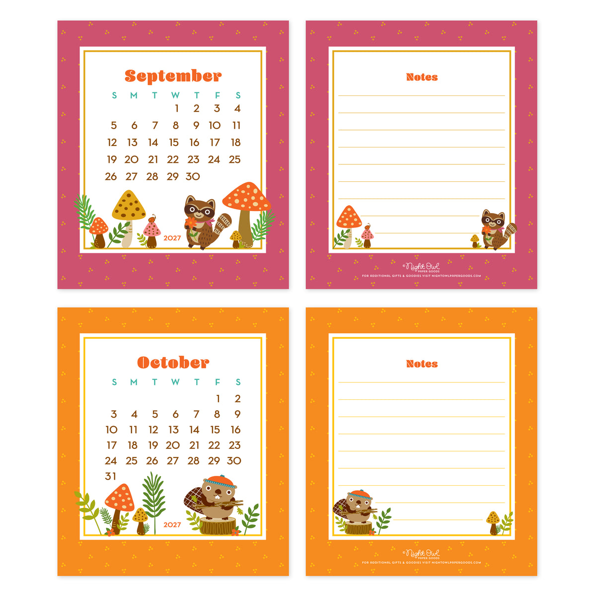 September and October 2027 Forest Friends Woodland Animals & Gnomes Desk Calendar pages. September features a raccoon surrounded by colorful mushrooms and woodland plants, with a pink border. October features a beaver wearing a colorful hat surrounded by mushrooms and plants, with an orange border. The back of each month features a corresponding illustration and lines for notes.