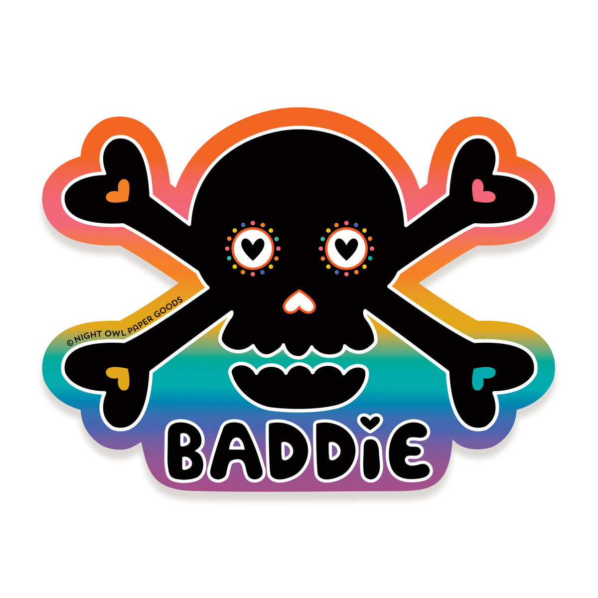 Sticker with a black skull and crossbones design on a rainbow gradient background, featuring the word "BADDIE."