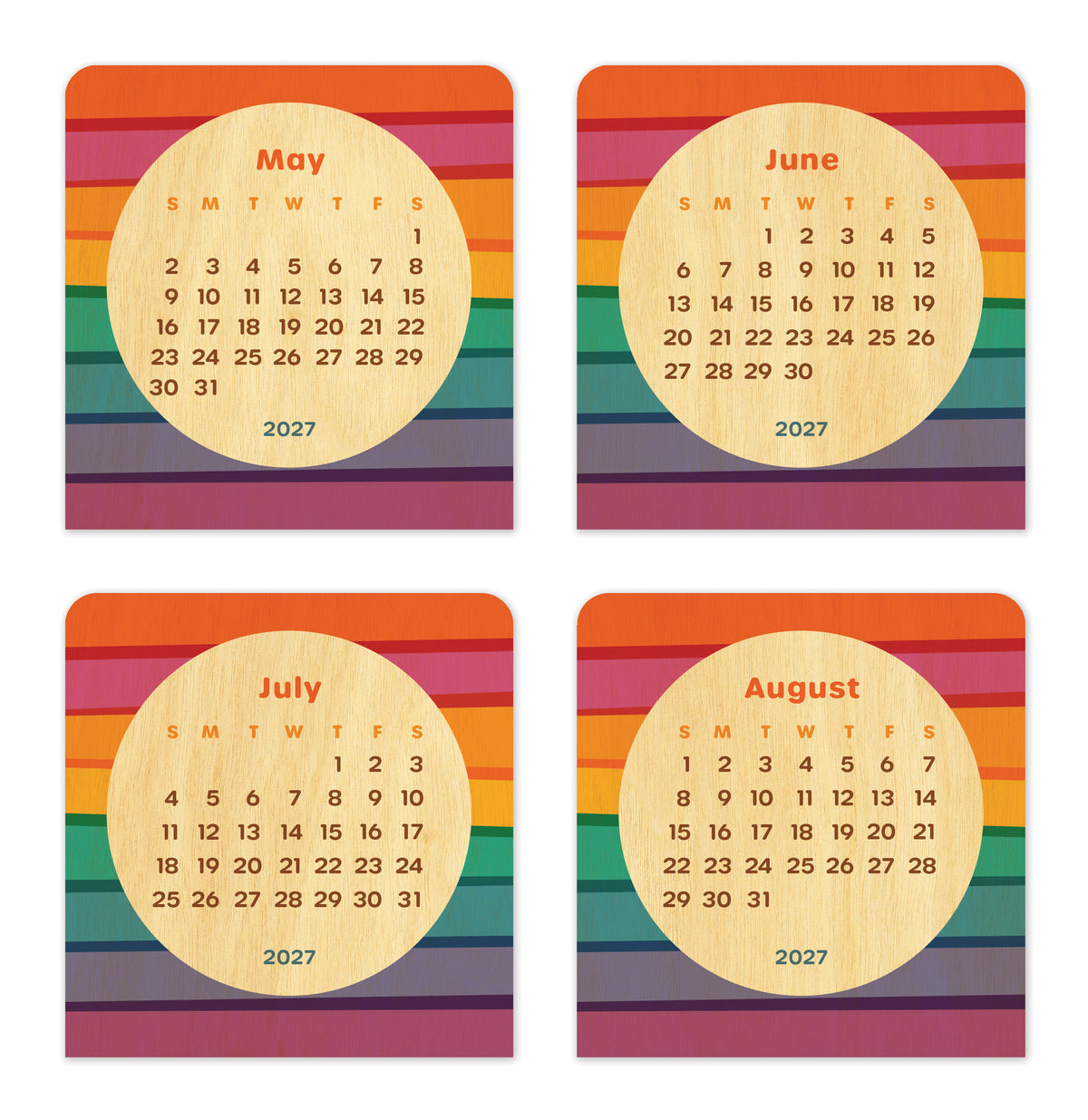 Birch wood mini desk calendar featuring bold horizontal rainbow stripes surrounding a natural birch wood circle with the month and dates. May, June, July and August 2027 calendar pages are shown.