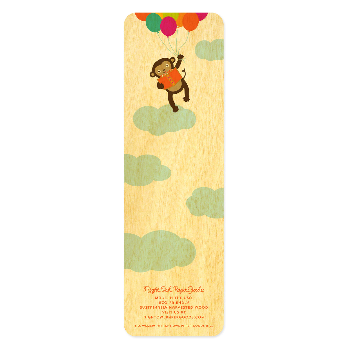 Back of birch wood bookmark with a monkey holding colorful balloons. At the bottom: Night Owl Paper Goods script logo with text reading "Made in the USA - Eco-Friendly Sustainably Harvested Wood - Visit us at nightowlpapergoods.mom."