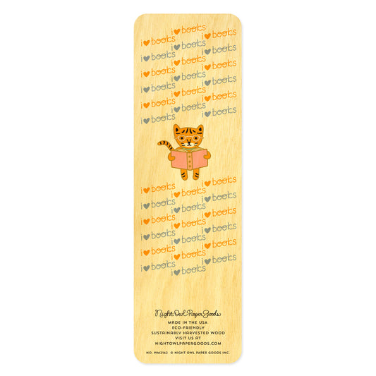 Back of birch wood bookmark with a tiger in glasses reading a book surrounded by an "I heart books" text pattern. At the bottom: Night Owl Paper Goods script logo with text reading "Made in the USA - Eco-Friendly Sustainably Harvested Wood - Visit us at nightowlpapergoods.mom."
