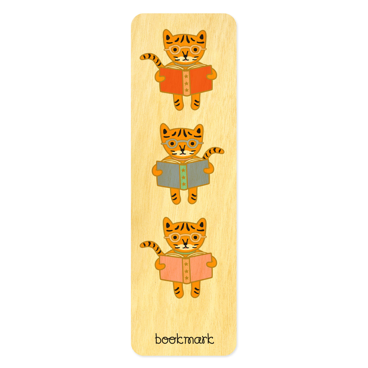 Birch wood bookmark featuring three tigers wearing glasses and reading books. Text at bottom reads "bookmark."