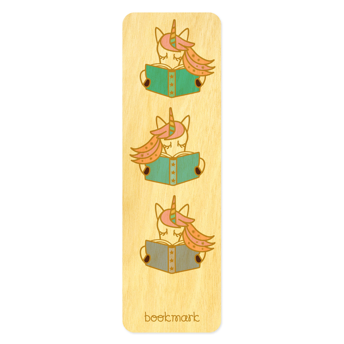Wooden bookmark with cute pastel unicorns reading books. Text at bottom reads "bookmark."