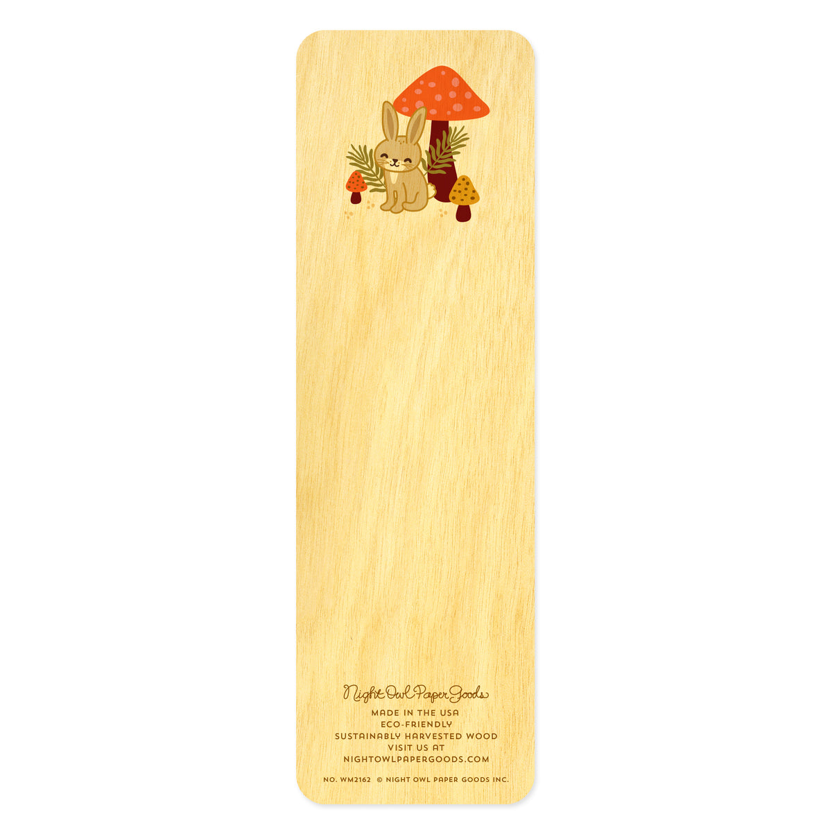 Back of birch wood bookmark with a rabbit and mushroom design. At the bottom: Night Owl Paper Goods script logo with text reading "Made in the USA - Eco-Friendly Sustainably Harvested Wood - Visit us at nightowlpapergoods.mom."