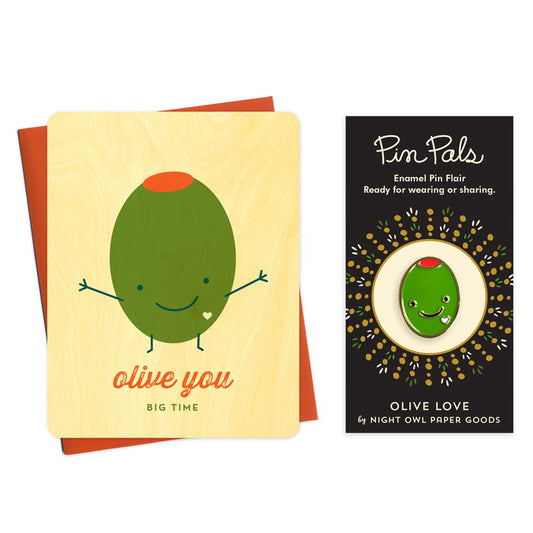 Wood card with a happy green olive and "Olive You Big Time" text alongside a coordinating green olive enamel pin.
