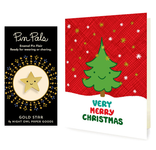 Photo of Happy Tree Holiday Cards & Gold Star Enamel Pin Set