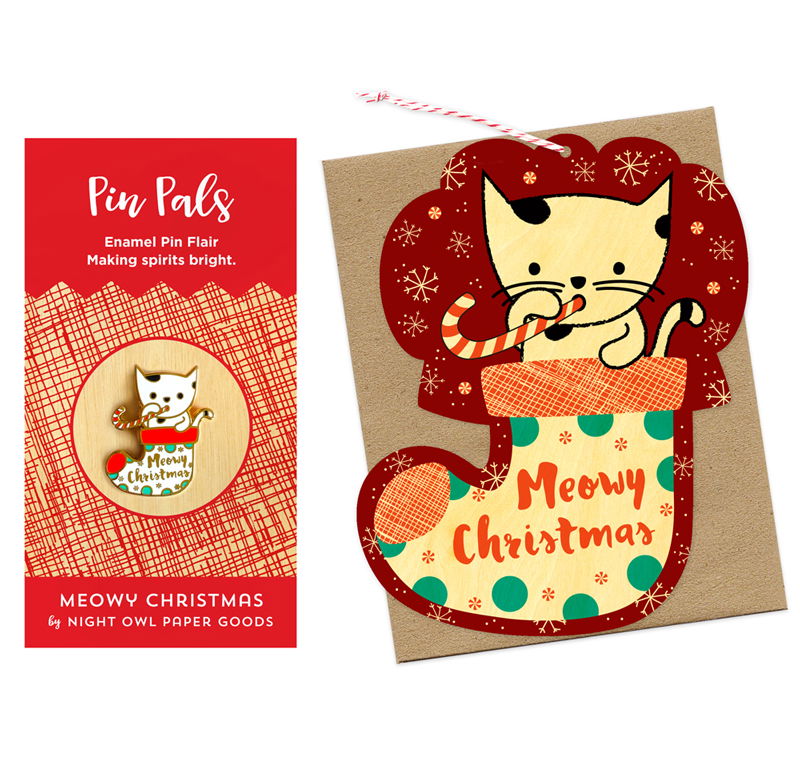 Photo of Kitty Stocking Wood Ornament Cards & Enamel Pin Set