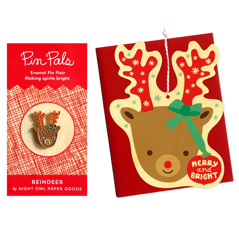 Reindeer Wood Ornament Cards & Enamel Pin Set web exclusive - holiday bundle