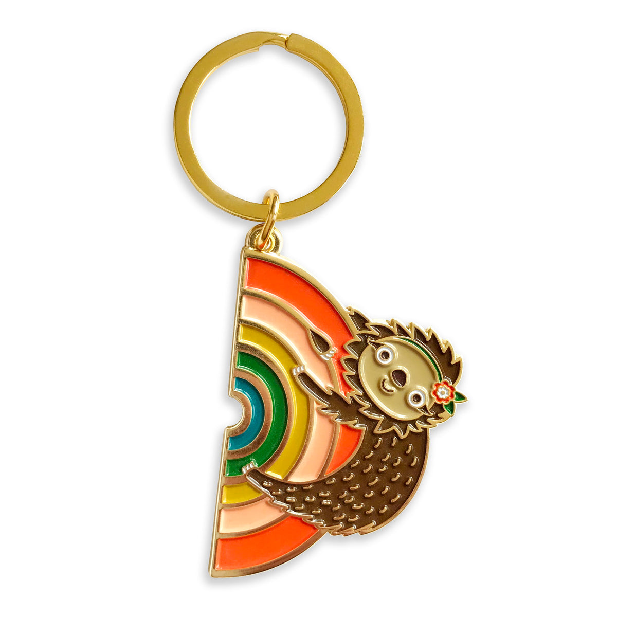 Gold metal keychain of a sloth hugging a rainbow, hanging on a gold key ring