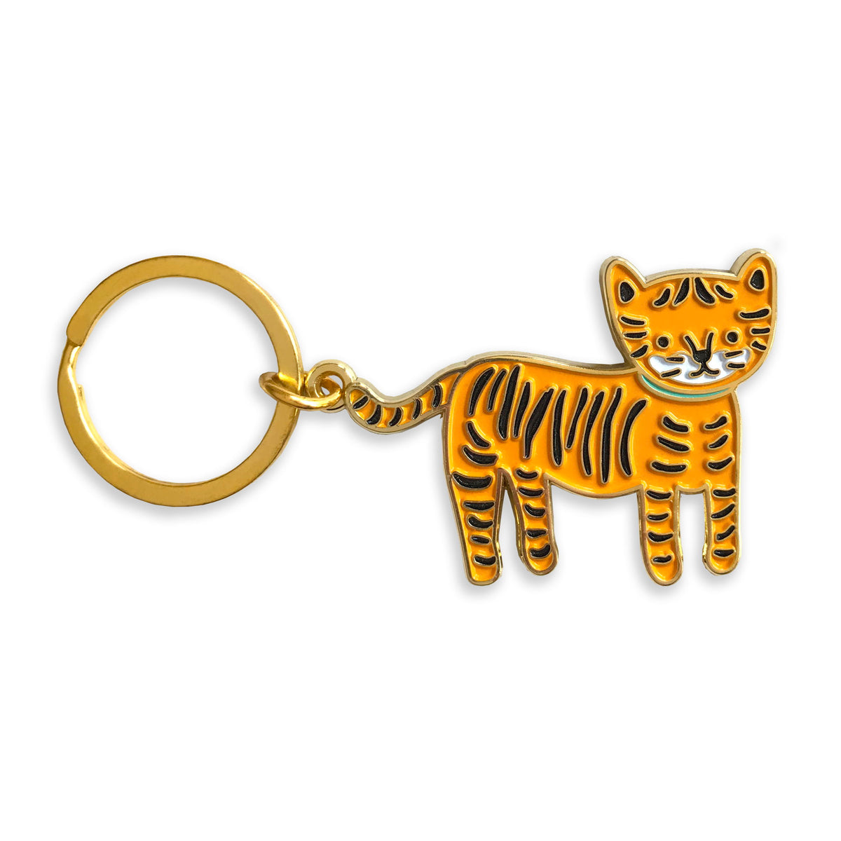 Gold metal tiger enamel keychain with bold orange and black striped enamel on a gold key ring