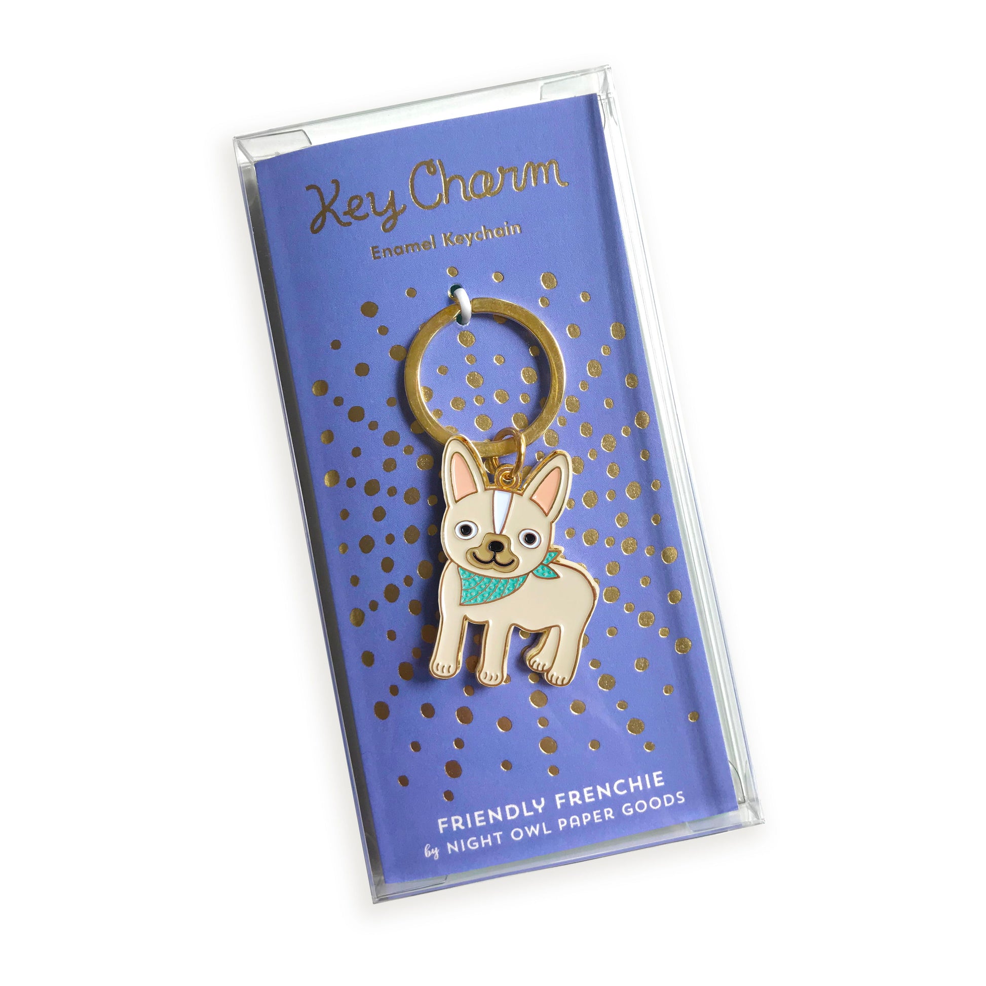 French Bulldog enamel keychain on gold foil stamped bluish purple backer card packaged in a clear gift box. Backer card reads "Key Charm Enamel Keychain" at top and "Friendly Frenchie by Night Owl Paper Goods" at bottom.