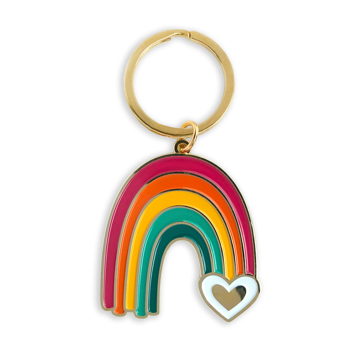 Gold metal rainbow enamel keychain featuring a colorful arch in pink, orange, yellow and teal with a white heart charm on a gold key ring