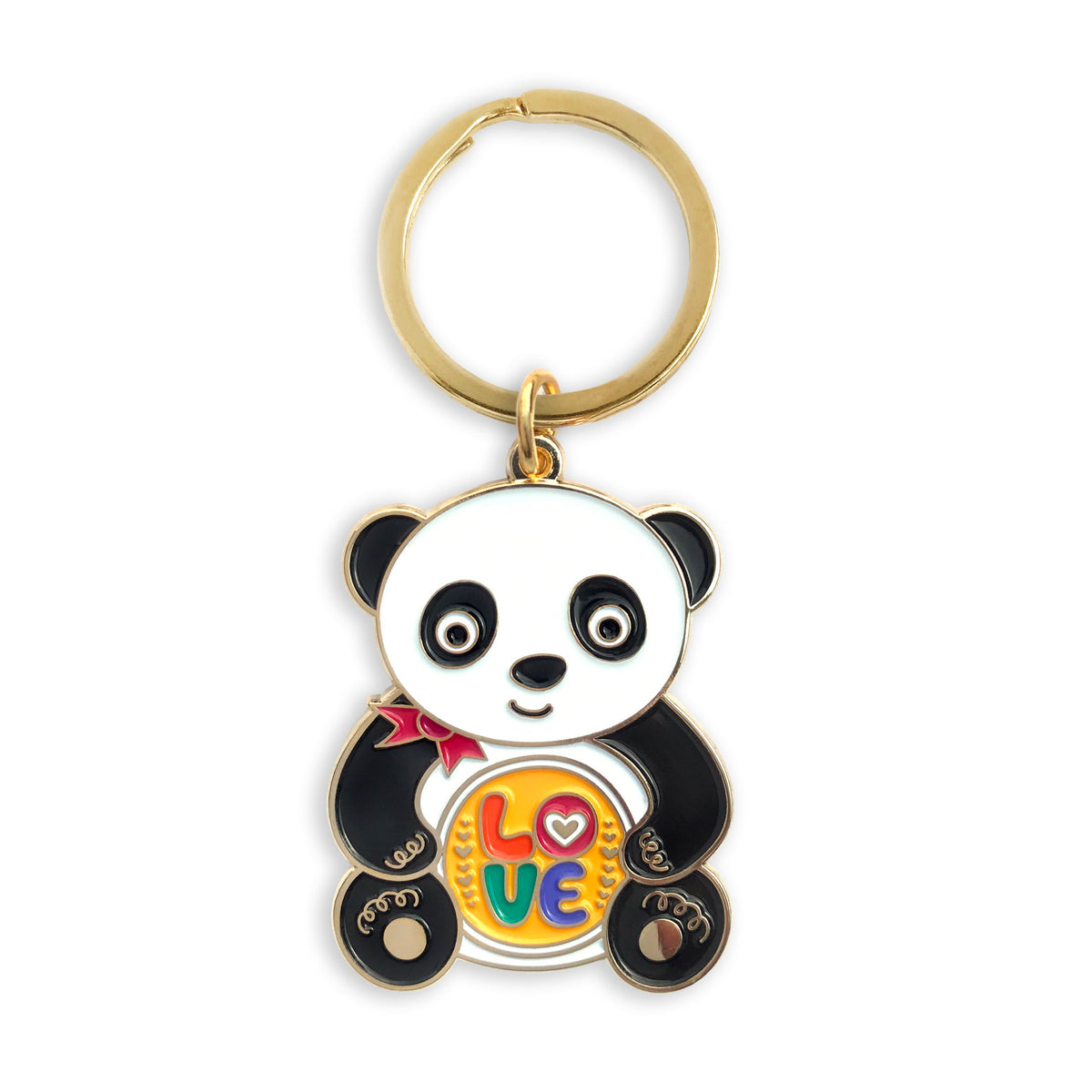 Gold metal panda enamel keychain featuring a black and white panda with a red bow holding a colorful "LOVE" sign on a gold key ring
