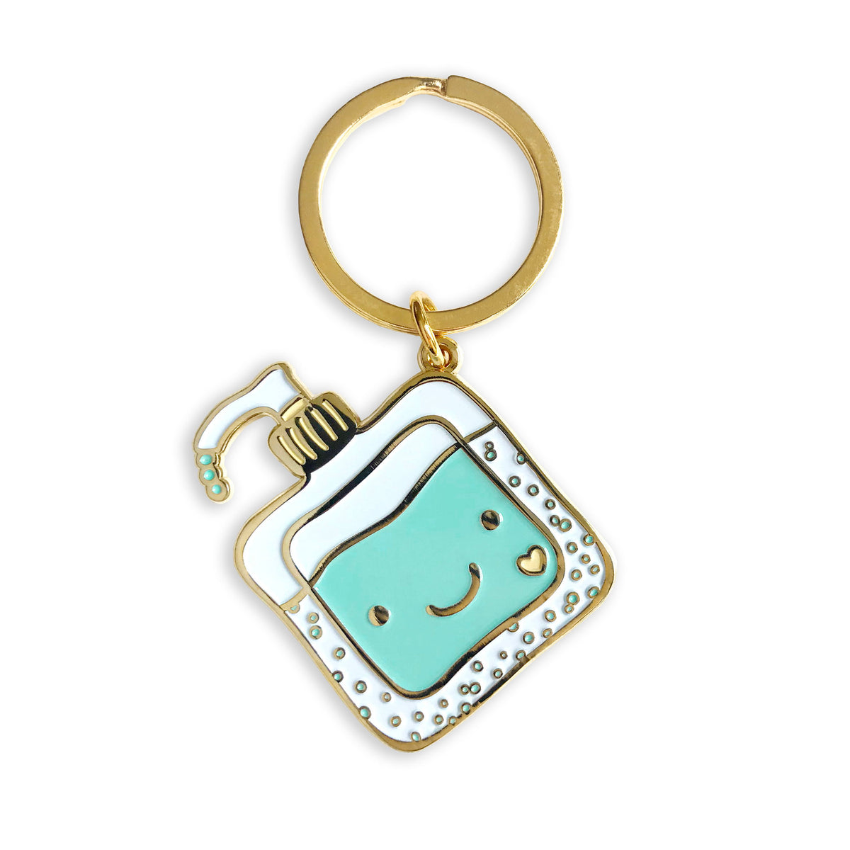 Gold metal hand sanitizer enamel keychain featuring a smiling aqua sanitizer bottle with heart detail on a gold key ring