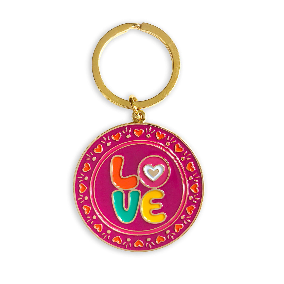 Gold metal Love enamel keychain featuring a colorful "LOVE" design with heart details on a magenta round background on a gold key ring