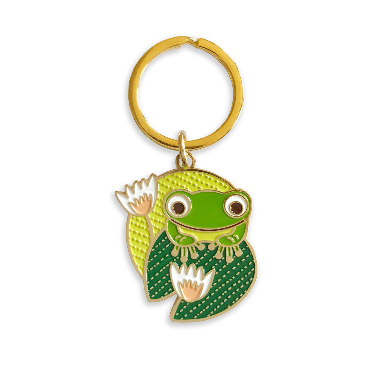 Gold metal keychain with a green frog sitting on a lily pad, hanging on a gold metal key ring