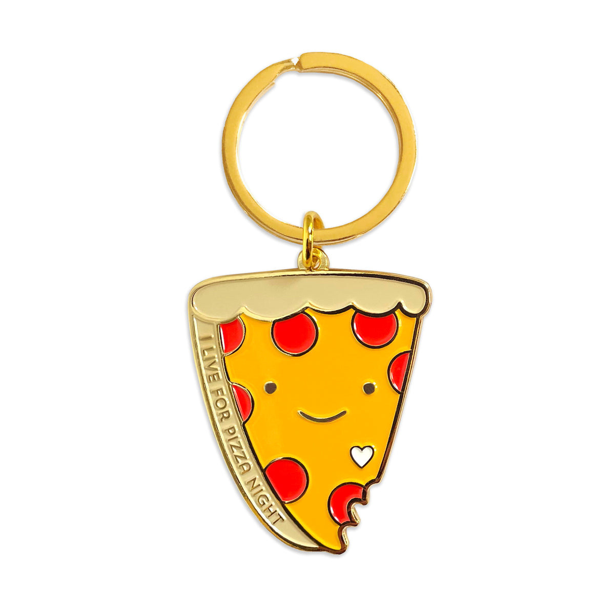 Gold metal keychain shaped like a pepperoni pizza slice with a smiley face and a gold key ring