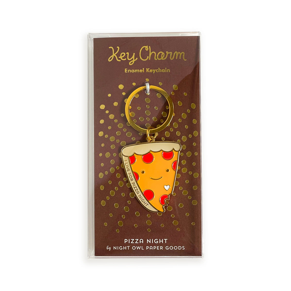 Pizza Night enamel keychain on gold foil stamped brown backer card packaged in a clear gift box. Backer card reads "Key Charm Enamel Keychain" at top and "Pizza Night by Night Owl Paper Goods" at bottom.

