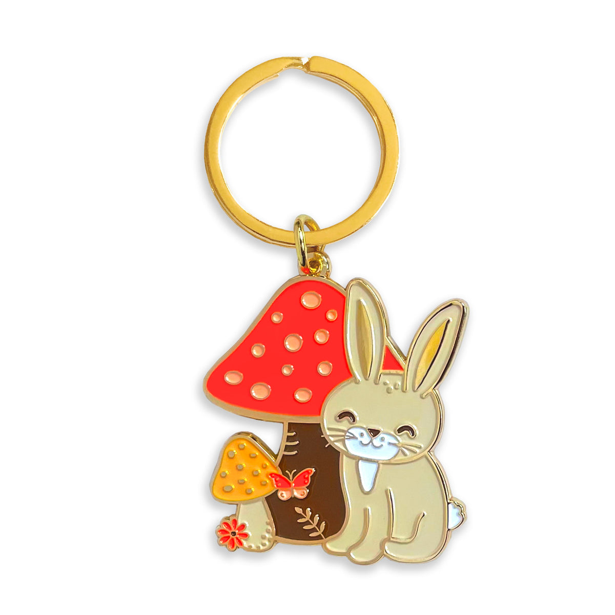 Rabbit with mushrooms keychain with flat gold keyring