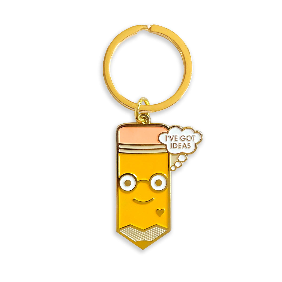 Gold metal keychain with a pencil character saying 'I've got ideas'  on a gold key ring