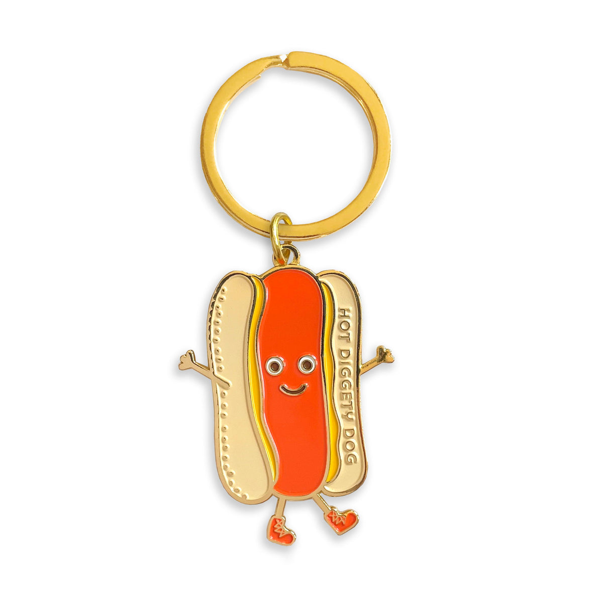 Gold metal hot dog enamel keychain on a gold key ring. Features a dancing orange hot dog with a happy face, outstretched arms and shoes, yellow mustard and a beige bun with "Hot Diggety Dog" text.