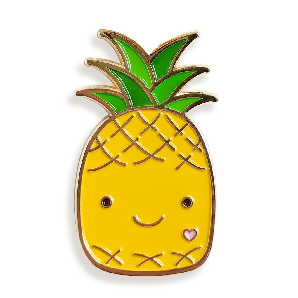 Gold metal pineapple enamel pin with yellow smiling pineapple design and small heart detail