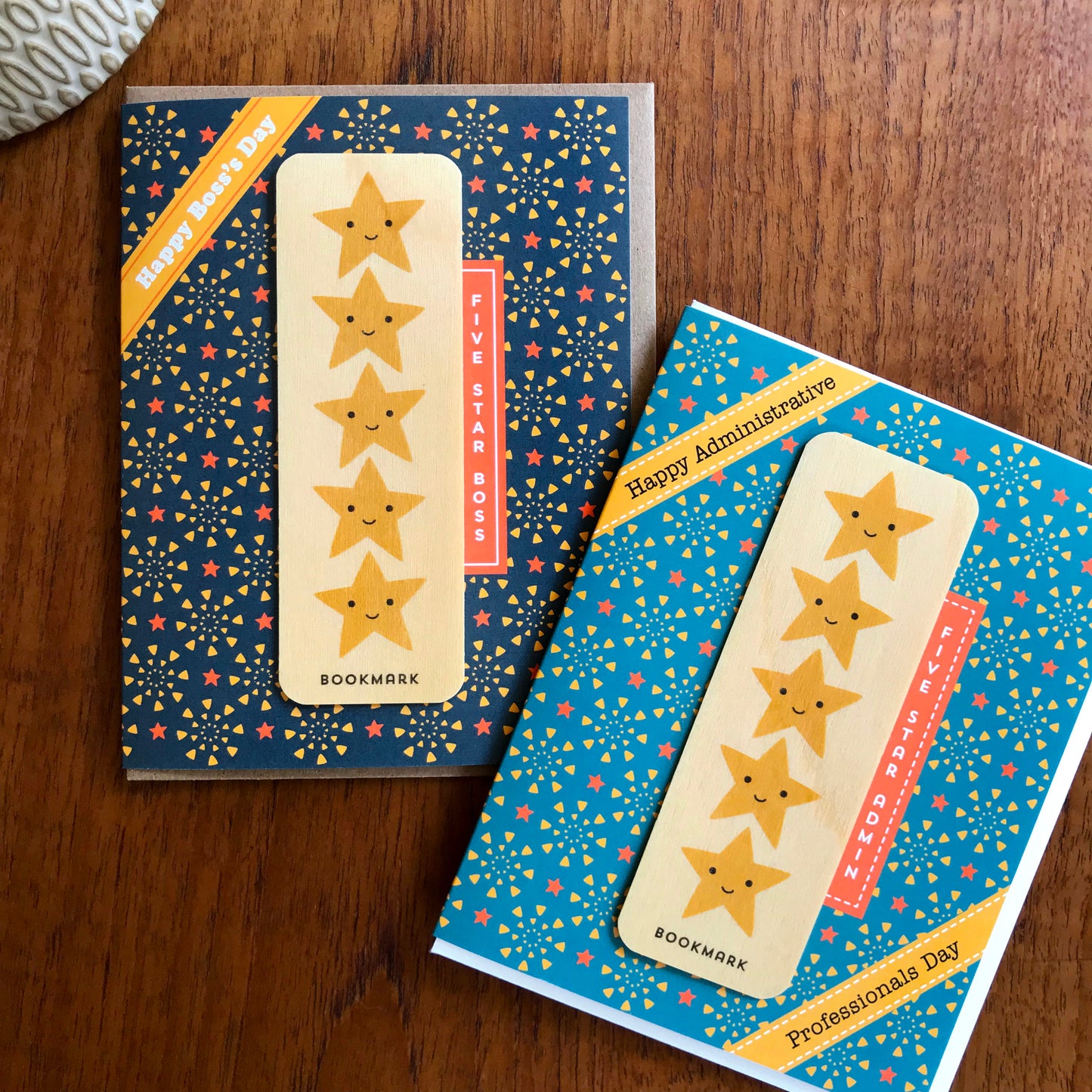 5 Star Boss Boss's Day Card and 5 Star Admin Administrative Professionals Day Card. Both include a removeable wood bookmark that features five smiling gold stars.