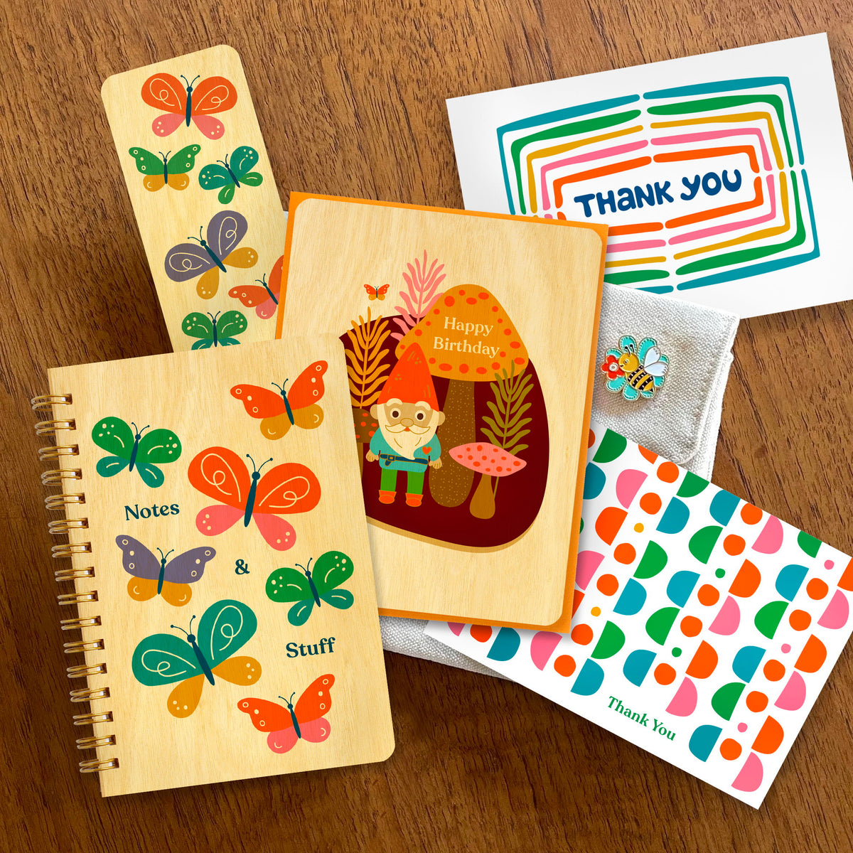 Butterfly wood notebook, Butterfly wood bookmark, Birthday Gnome wood card, Bee enamel pin and colorful thank you notes.