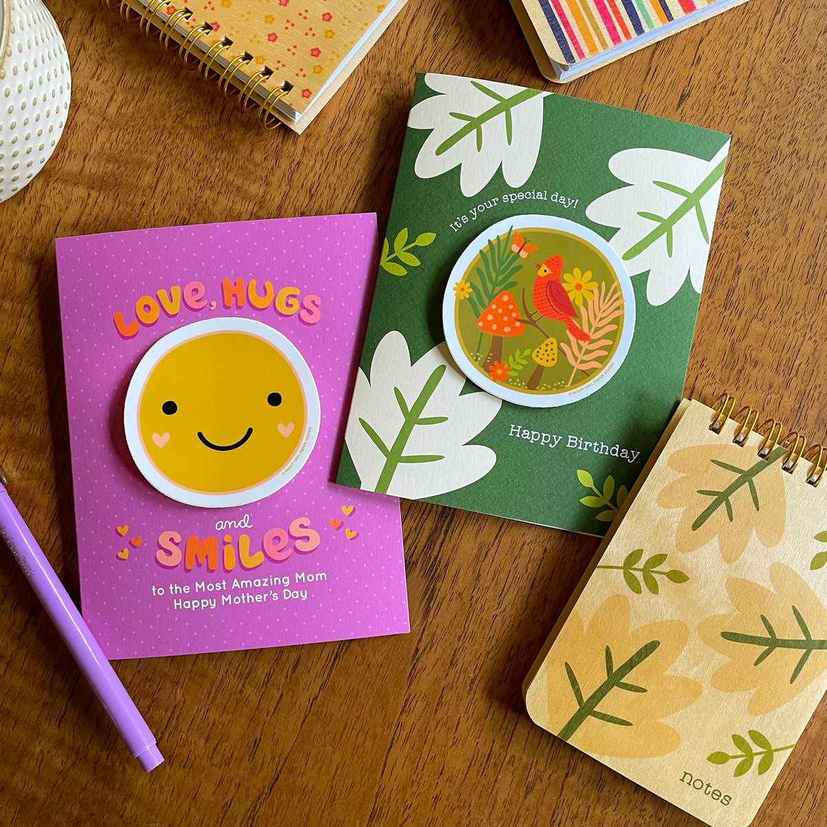 Modern Leaves wood mini notepad alongside two sticker greeting cards.