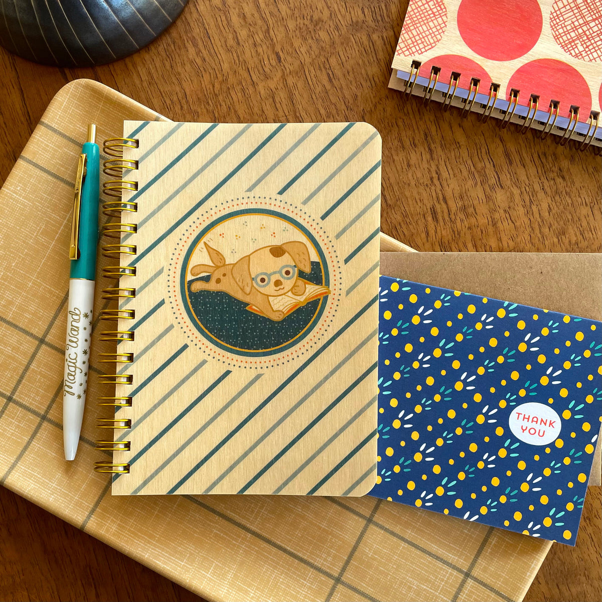 Puppy Pages wood notebook, Magic Wand ballpoint pen and Blueprints thank you card.
