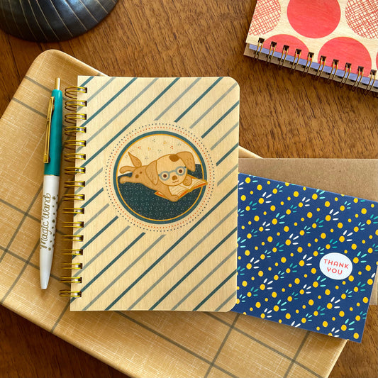 Puppy Pages wood notebook, Magic Wand ballpoint pen and Blueprints thank you card.