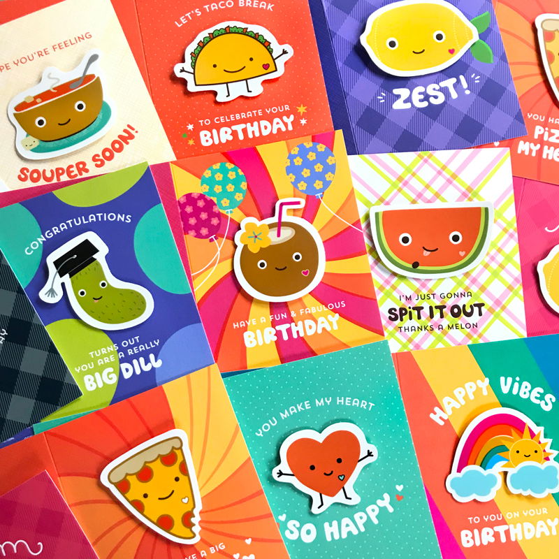 Collection of sticker greeting cards with various cheerful designs and text. Each features a removable vinyl sticker.