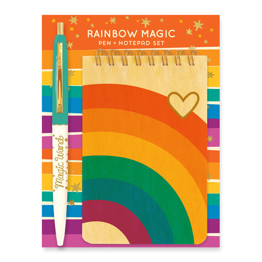 Gift Set that includes a Rainbow Magic Mini Notepad + Magic Wand ballpoint pen mounted on a rainbow striped backer card with gold foil stars. 