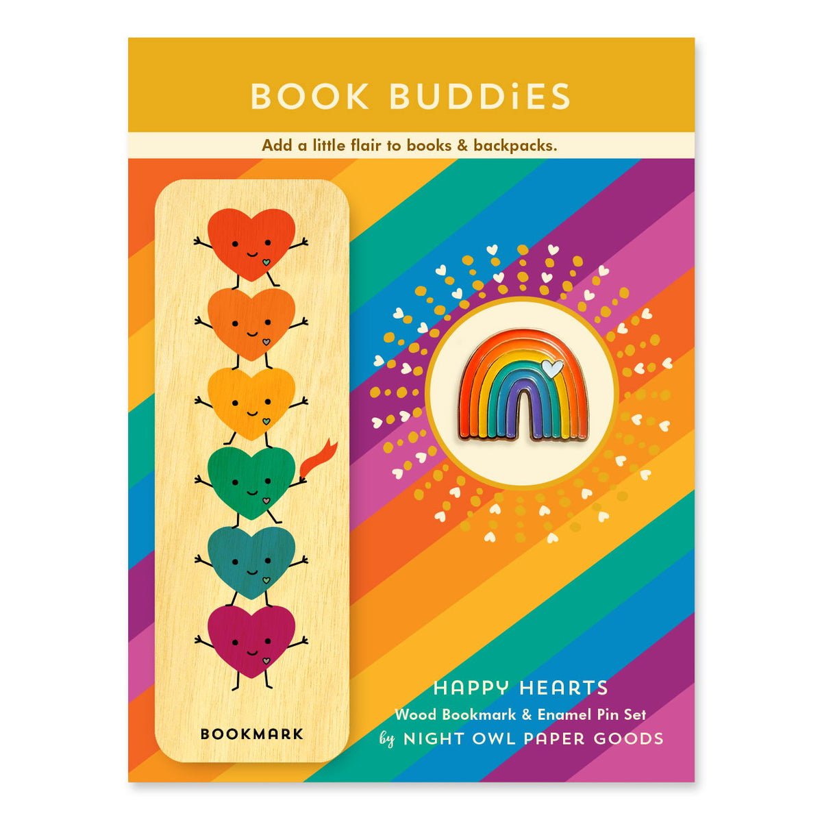 Happy Hearts Book Buddies wood mini bookmark + pin gift set