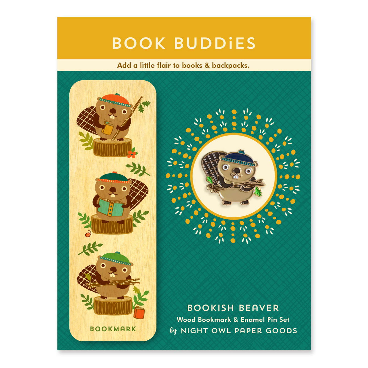 Bookish Beaver Book Buddies wood mini bookmark + pin gift set