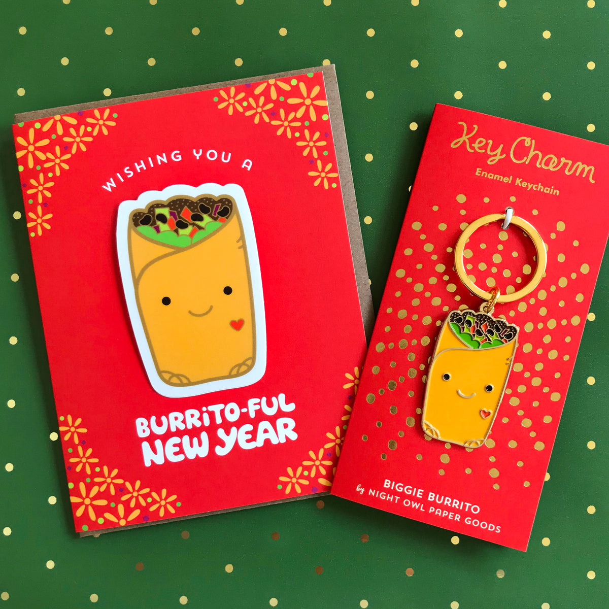 Burrito-Ful New Year Sticker card with dishwasher safe removable vinyl sticker alongside a Burrito Key Charm.