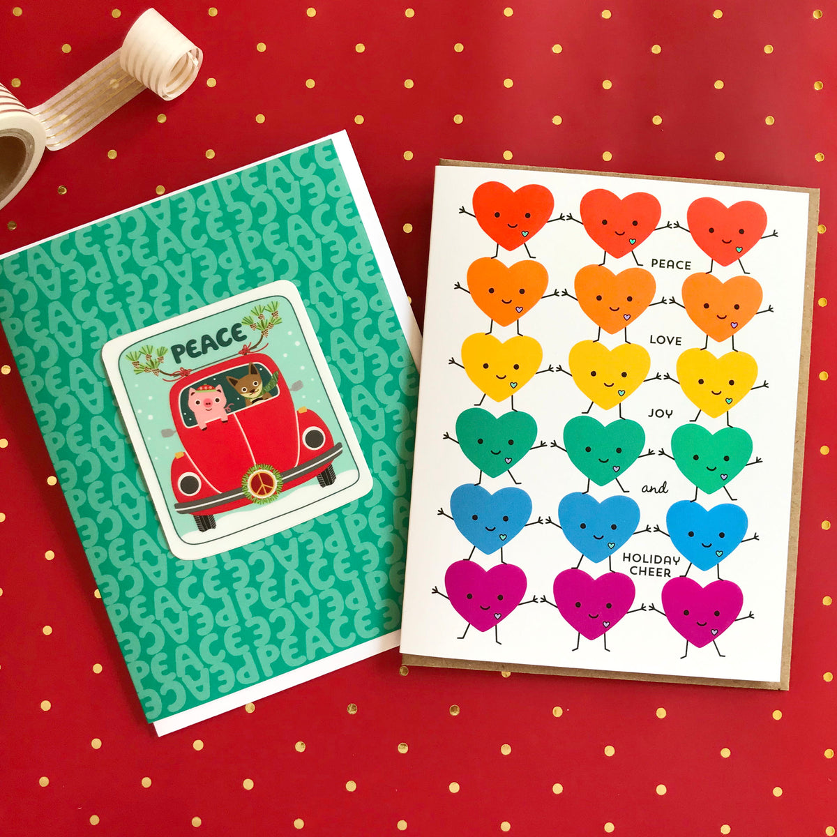 United Hearts and Peace Pals holiday cards shown side by side on a red background with gold polka dots.