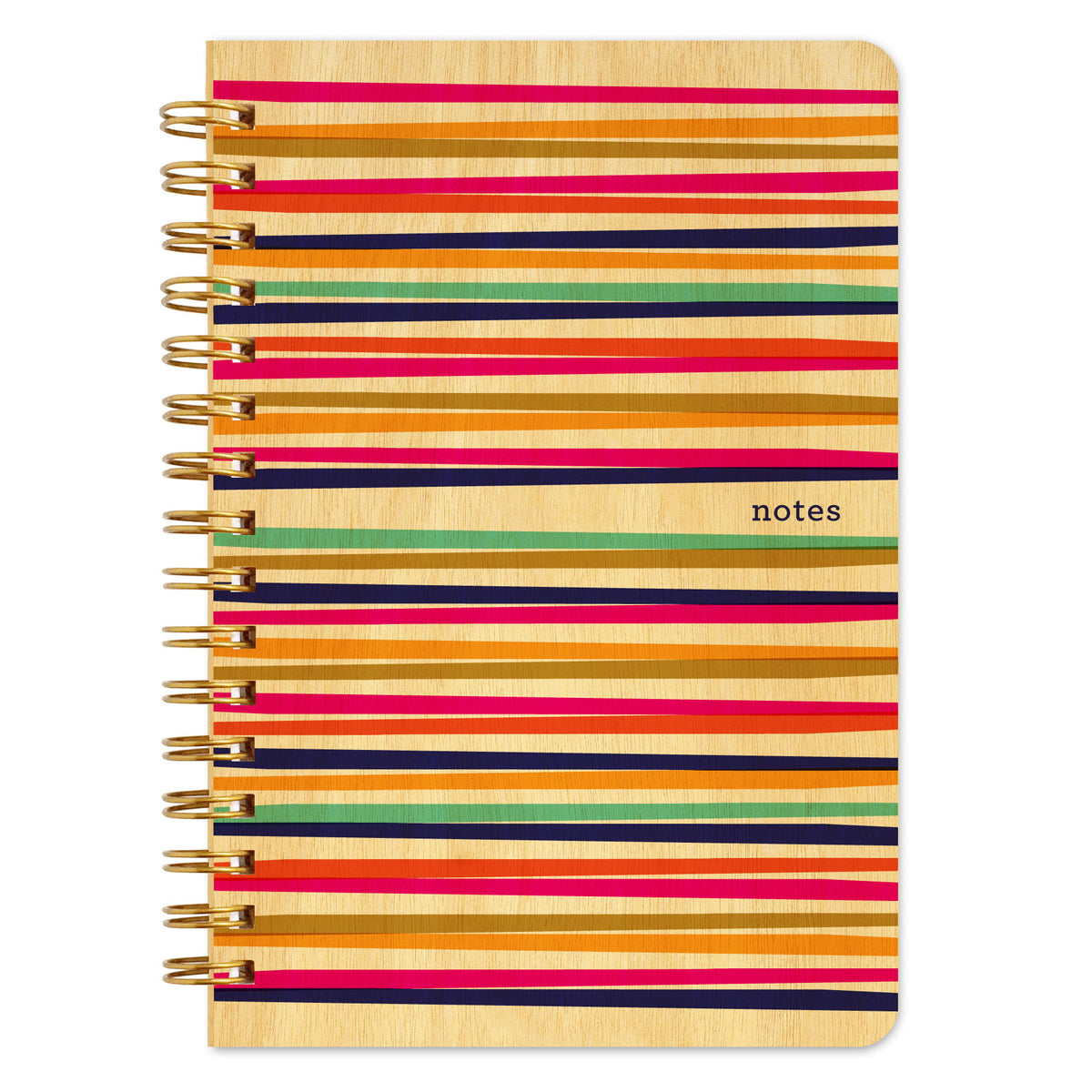 Spiral-bound wood notebook with birch wood covers featuring bold multicolor horizontal stripes in pink, orange, navy, red and teal with small "notes" text.