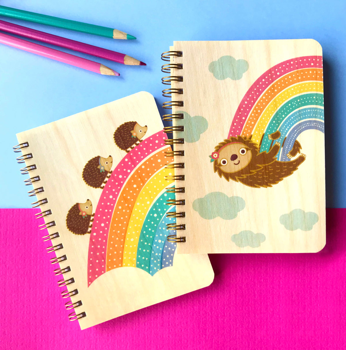 Rainbow Hedgehog and Rainbow Sloth notebooks with birch wood covers.