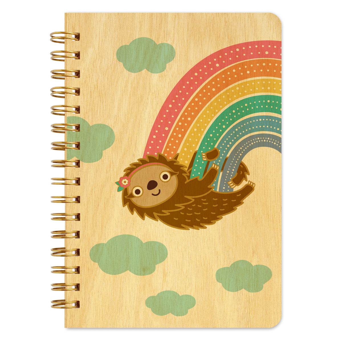 Spiral-bound wood notebook with birch wood covers featuring a sloth with a floral headband hanging from a rainbow among clouds.