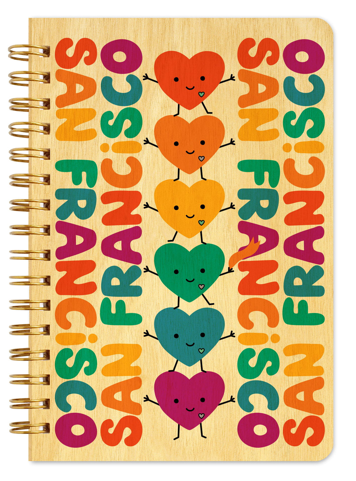 Spiral-bound wood notebook with birch wood covers featuring a stack of smiling rainbow heart characters with arms and legs surrounded by colorful "San Francisco" text.